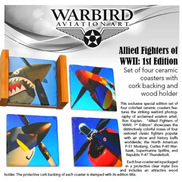 ALLIED FIGHTERS OF WWII CERAMIC COASTER SET OF 4 - Miniature Marvels: Airplane Models & Painted Dice* Airplane Model