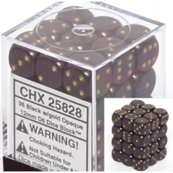 Hot Black with Gol: Opaque 36d6 12mm Dice Block CHX 25828 - Miniature Marvels: Airplane Models & Painted Dice Dice