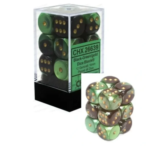 New Black-Green with Gold: Gemini 12d6 16mm Dice Set CHX 26639 - Miniature Marvels: Airplane Models & Painted Dice Dice