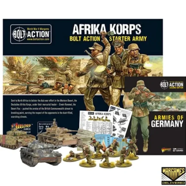 Bolt Action - Germany: Afrika Korps Starter Set + Digital Guide: Armies of Germany 2nd Edition - Miniature Marvels: Airplane Models & Painted Dice* Shop All