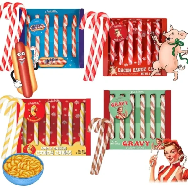 Shop 4 BOX SET Bacon Hot Dog Mac & Cheese Gravy Flavored Candy Canes - Archie McPhee - Miniature Marvels: Airplane Models & Painted Dice Egpull