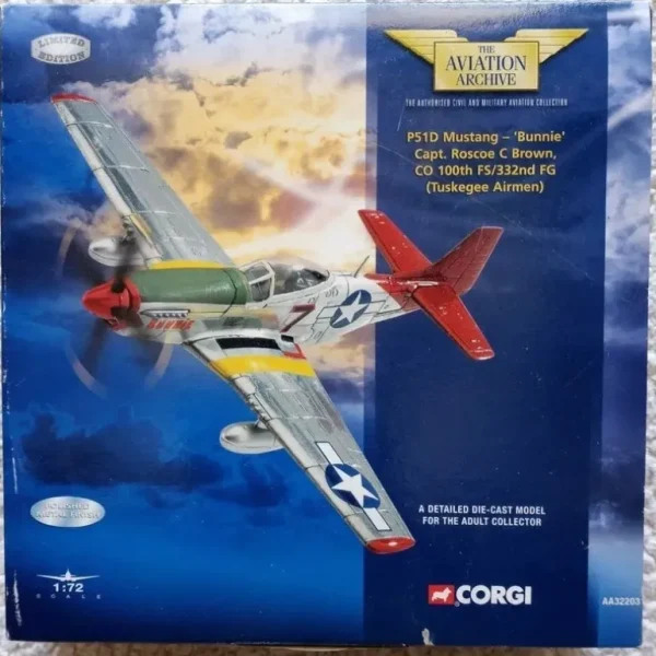 Corgi AA32203 P-51D Mustang USAAF 332nd FG, 100th FS Tuskegee Airmen "Bunnie", Roscoe Brown - Miniature Marvels: Airplane Models & Painted Dice* Airplane Model