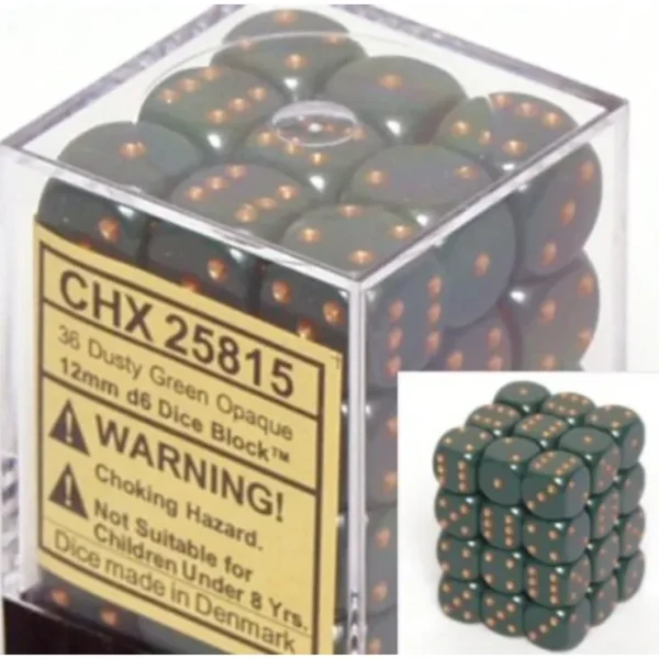 Clearance Dusty Green with Gold: Opaque 36d6 12mm Dice Block CHX 25815 - Miniature Marvels: Airplane Models & Painted Dice Dice