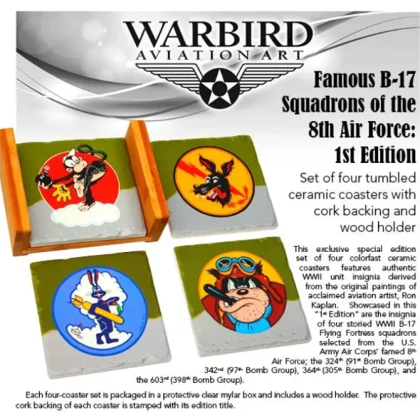 FAMOUS B-17 SQUADRONS OF THE 8TH AIR FORCE CERAMIC COASTER SET OF 4 - Miniature Marvels: Airplane Models & Painted Dice* Airplane Model