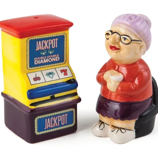 Online Gamblin Granny Salt & Pepper Shaker Casino Jackpot Vegas Slot Machine DEFECTIVE - Miniature Marvels: Airplane Models & Painted Dice Egpull