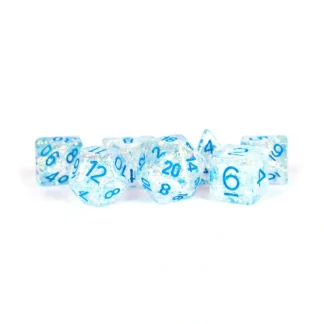 Clearance 16mm Resin Flash Dice Poly Dice Set: Clear with Light Blue Numbers MET 680 - Miniature Marvels: Airplane Models & Painted Dice Dice
