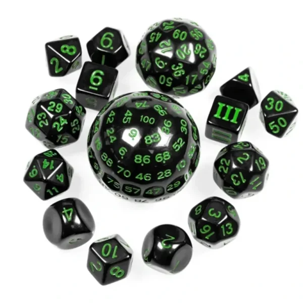 15 Piece Dice set - Black with Green Numbers - Miniature Marvels: Airplane Models & Painted Dice* Shop All