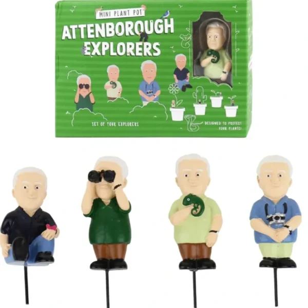 New 4-pk Mini Attenborough Explorers Planter Figurine Markers - Plant Pot Decorations - Miniature Marvels: Airplane Models & Painted Dice Egpull