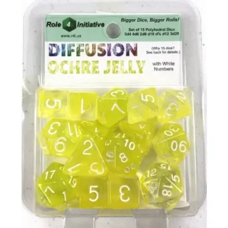 Fashion Polyhedral Dice: Diffusion Ochre Jelly with White Numbers - Set of 15 R4I 50405-FB - Miniature Marvels: Airplane Models & Painted Dice Dice