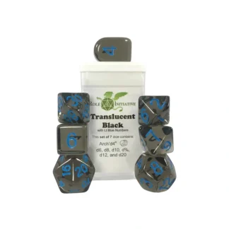 Fashion Polyhedral Dice: Translucent Black (Smoke) with Light Blue Numbers - Set of 7 R4I 50105-7B - Miniature Marvels: Airplane Models & Painted Dice Dice