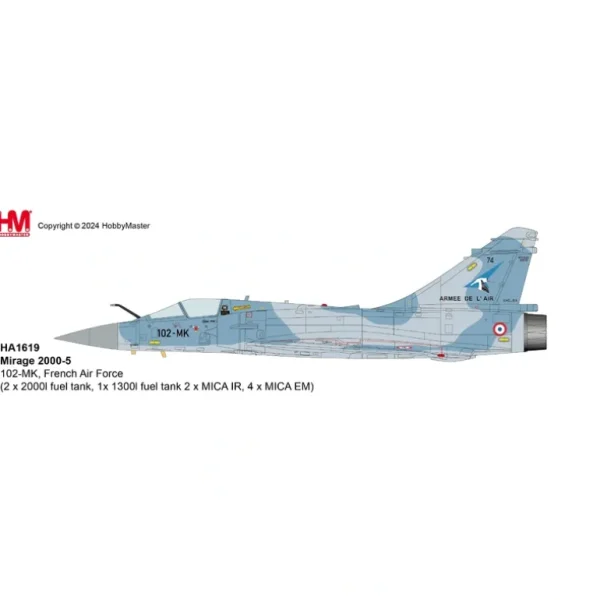 Pre-Order Hobby Master HA1619 1:72 Mirage 2000-5 102-MK, French Air Force (2 x 2000l fuel tank, 1x 1300l fuel tank 2 x MICA IR, 4 x MICA EM) - Miniature Marvels: Airplane Models & Painted Dice* Airplane Model