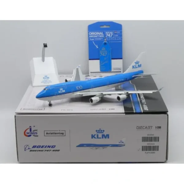 Sale Pre-Order JC Wings XX20345A 1:200 KLM Royal Dutch Airlines Boeing 747-400 "100" PH-BFG With Limited Edition Aviation Tag (Flaps Down) - Miniature Marvels: Airplane Models & Painted Dice Airplane Model