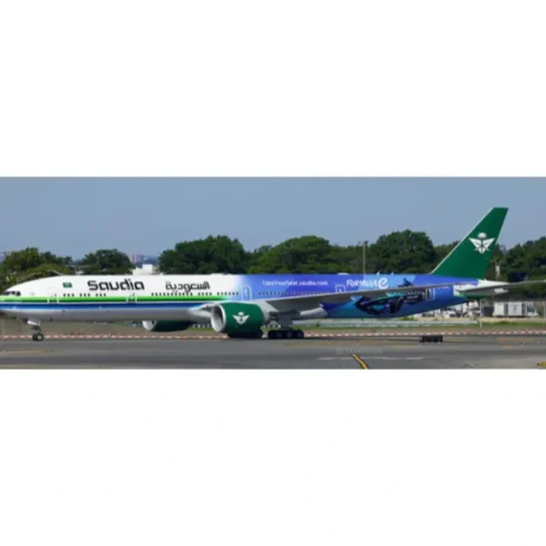 Shop Pre-Order JC Wings XX40318A 1:400 Saudi Arabian Airlines Boeing 777-300ER "Formula E 2024" Reg: HZ-AK43 Flaps Down - Miniature Marvels: Airplane Models & Painted Dice Airplane Model