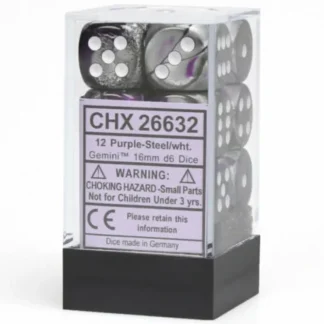Discount Purple-Steel / White: Gemini 12d6 16mm Dice Block CHX 26632 - Miniature Marvels: Airplane Models & Painted Dice Dice