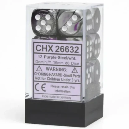 Discount Purple-Steel / White: Gemini 12d6 16mm Dice Block CHX 26632 - Miniature Marvels: Airplane Models & Painted Dice Dice
