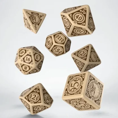 Online Steampunk Clockwork Beige & Brown Dice Set (7) QWS SSTC74 - Miniature Marvels: Airplane Models & Painted Dice Dice