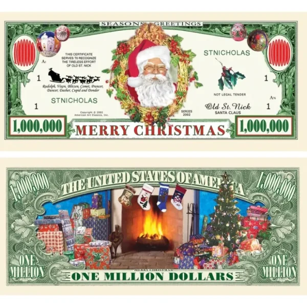 Online 100 TOTAL - Million Dollar Santa Claus Dollar Merry Christmas Holiday Gift Bills - Miniature Marvels: Airplane Models & Painted Dice Egpull