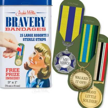 Hot Trophy Bravery Award Bandages in Cute Collectible Tin - Band-Aids Archie McPhee - Miniature Marvels: Airplane Models & Painted Dice Egpull