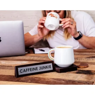 Hot Wooden Desk Sign "Caffeine Junkie" Office Gift with Coffee Tea Mug Cup Holder - Miniature Marvels: Airplane Models & Painted Dice Egpull